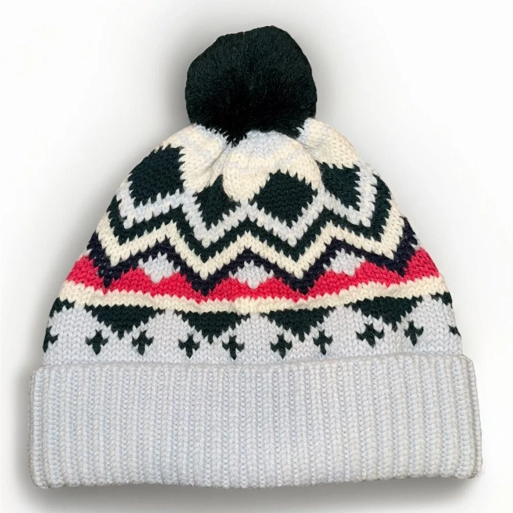 TORY BURCH Wintery Fair Isle Hat‎ Merino Wool Pom Pom Beanie Blue Green Pink OS
